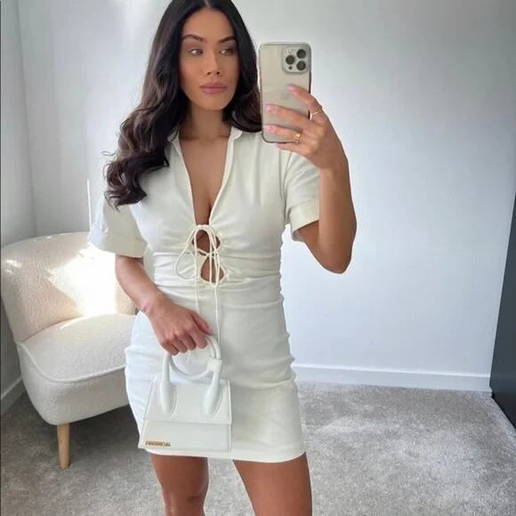 Zara Cream Tie Front Mini Dress XS NWT Short Sleeve Collared Ruched Waist - Picture 13 of 14